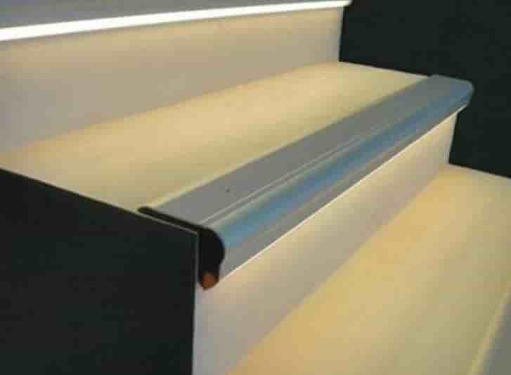 Led stair treads in aluminium and pvc materials, with integrated LED lighting for enhanced safety.