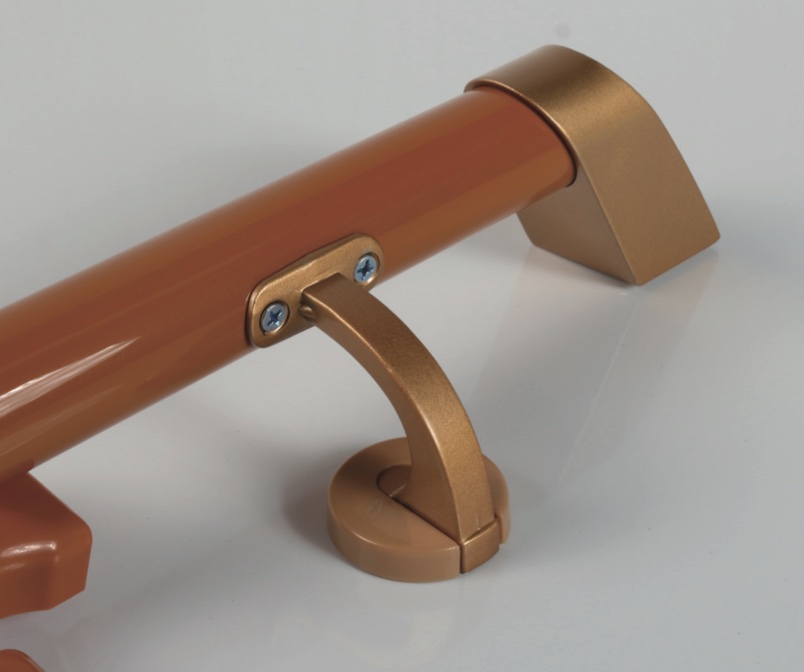 A metal rod with a metal handle on it used as a PVC handrail.