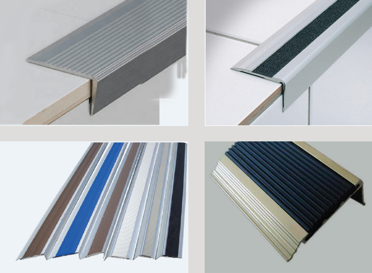 A series of pictures showing different types of floor trims, including aluminium stair nosing and frp.