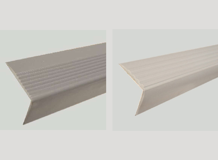 Two images of a white plastic stair trim with LED stair nosing.
